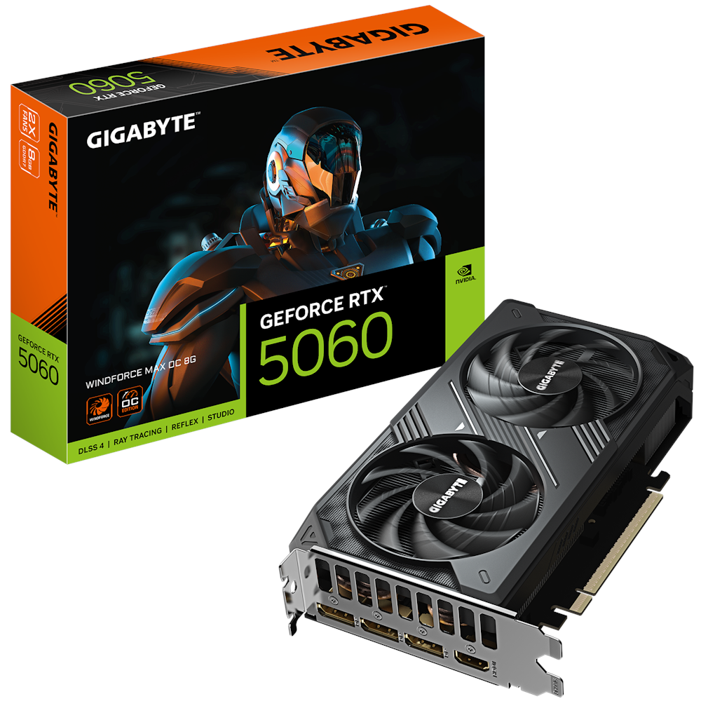 A large main feature product image of Gigabyte GeForce RTX 5060 Windforce Max OC 8GB GDDR7