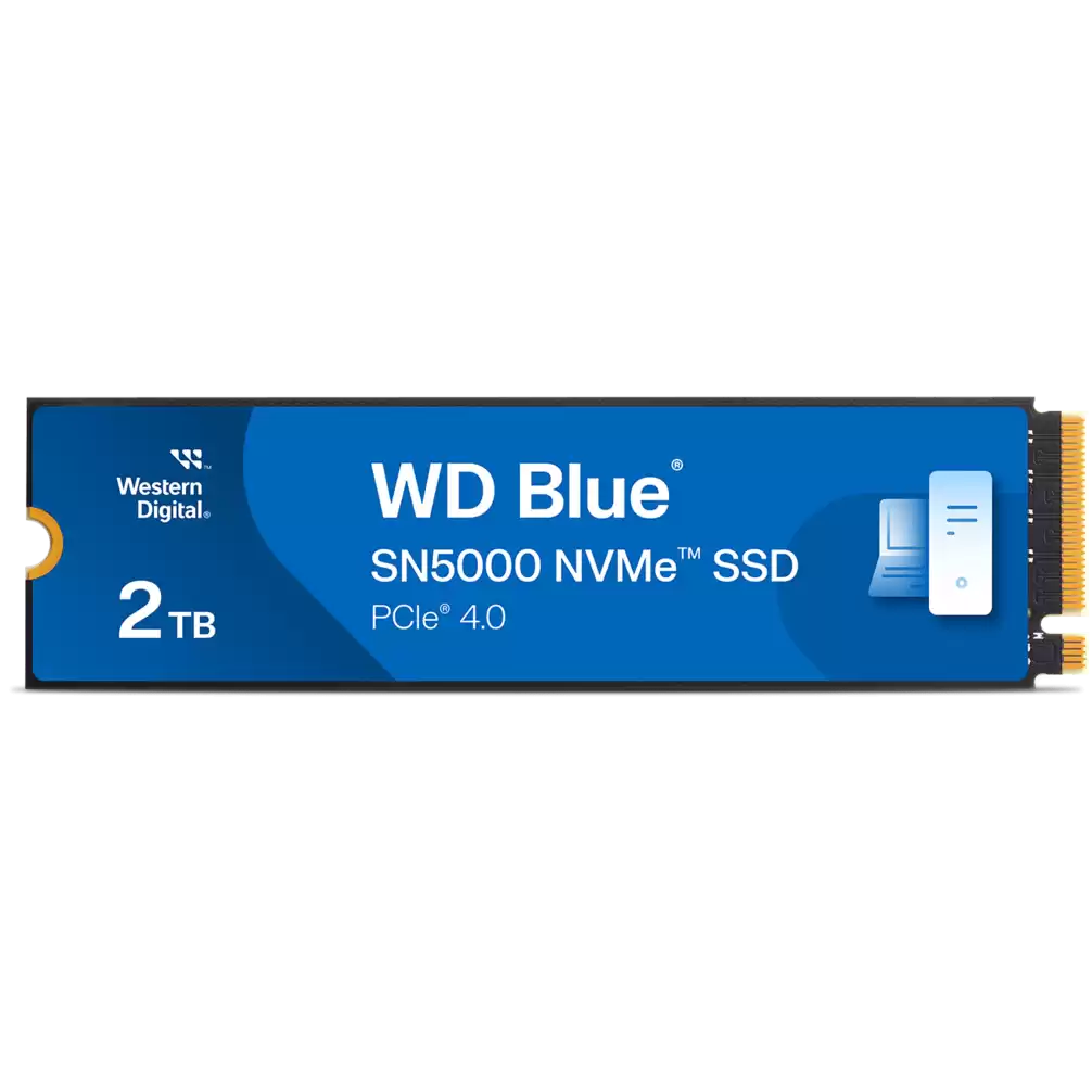 A large main feature product image of WD Blue SN5000 PCIe Gen4 NVMe M.2 SSD - 2TB