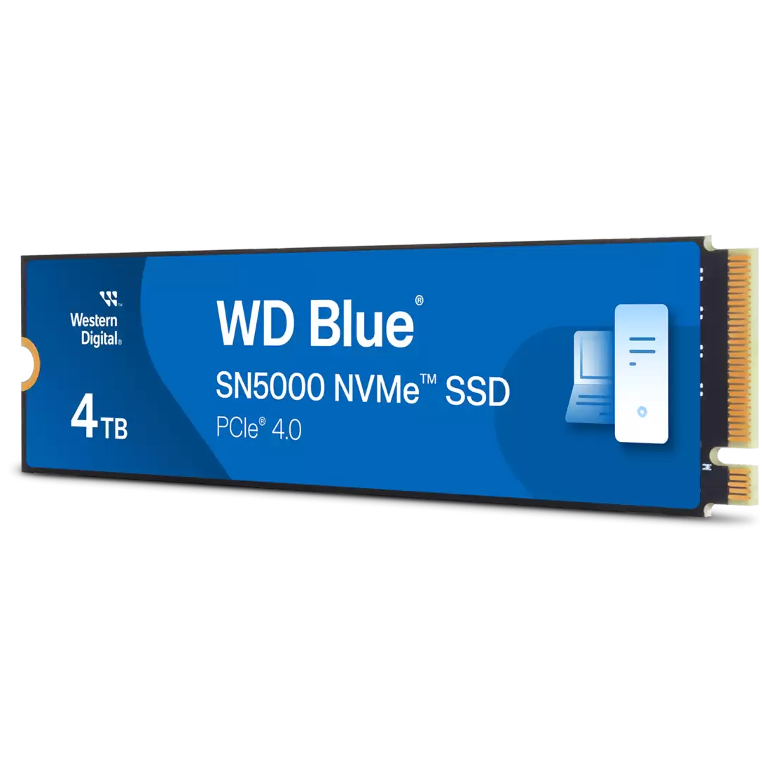 A large main feature product image of WD Blue SN5000 PCIe Gen4 NVMe M.2 SSD - 4TB