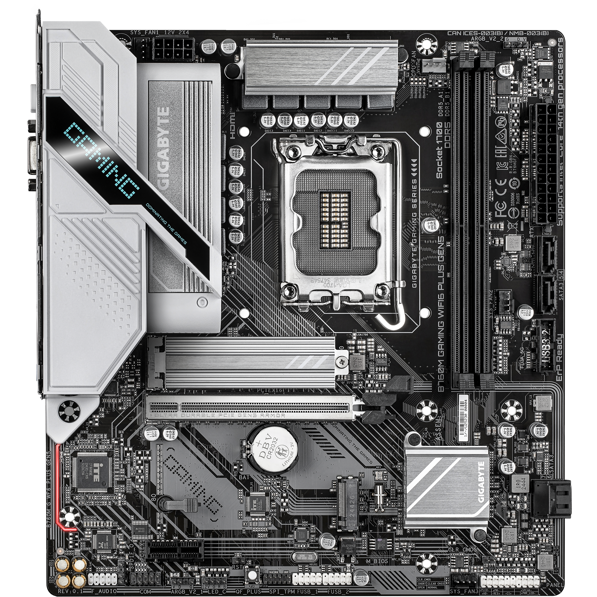 A large main feature product image of Gigabyte B760M Gaming WiFi6 PLUS GEN5 LGA1700 mATX Desktop Motherboard