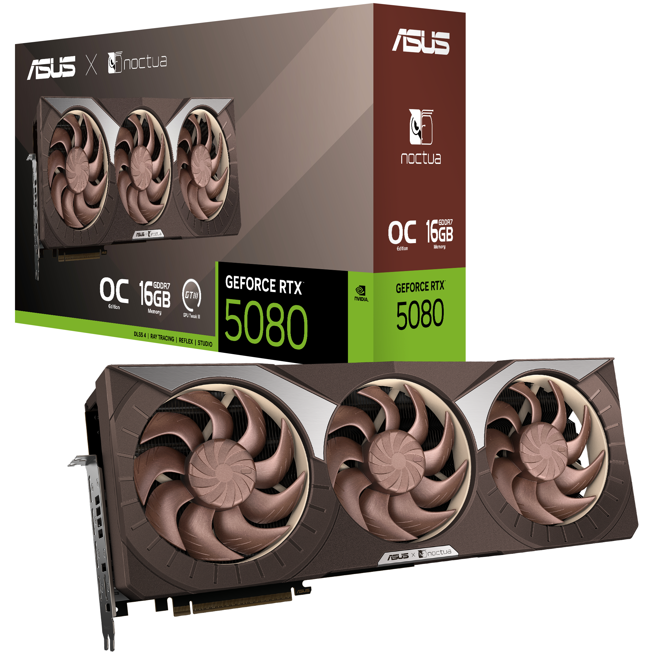 A large main feature product image of ASUS GeForce RTX 5080 OC 16GB GDDR7 - Noctua Edition