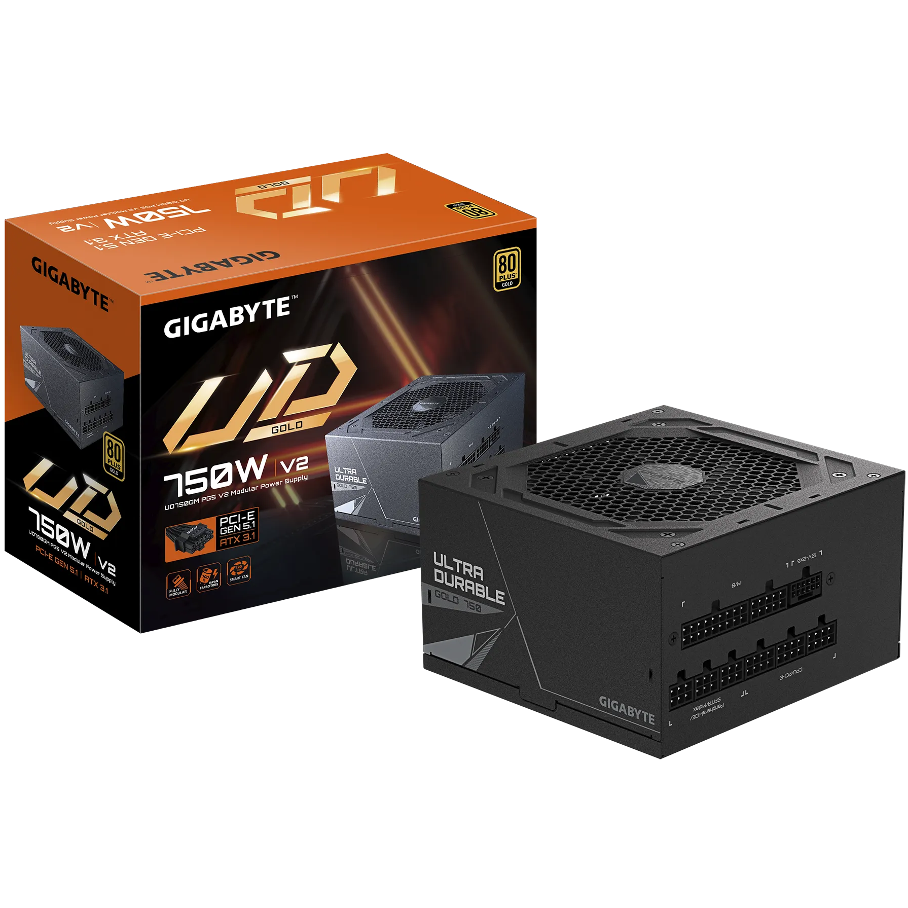 A large main feature product image of Gigabyte UD750GM - 750W Gold PCIe 5.0 ATX Modular PSU 