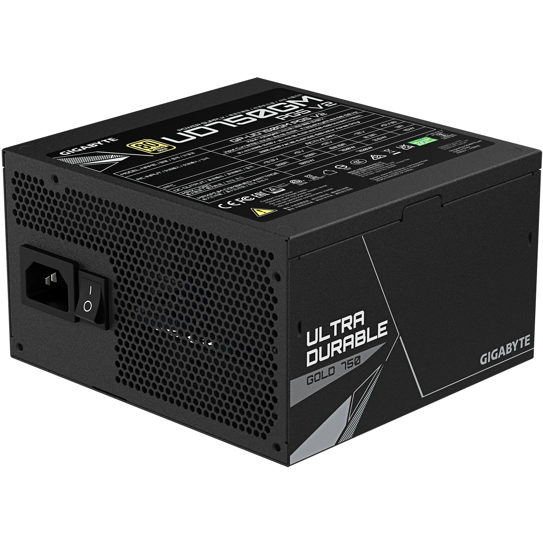 A large main feature product image of Gigabyte UD750GM - 750W Gold PCIe 5.0 ATX Modular PSU 