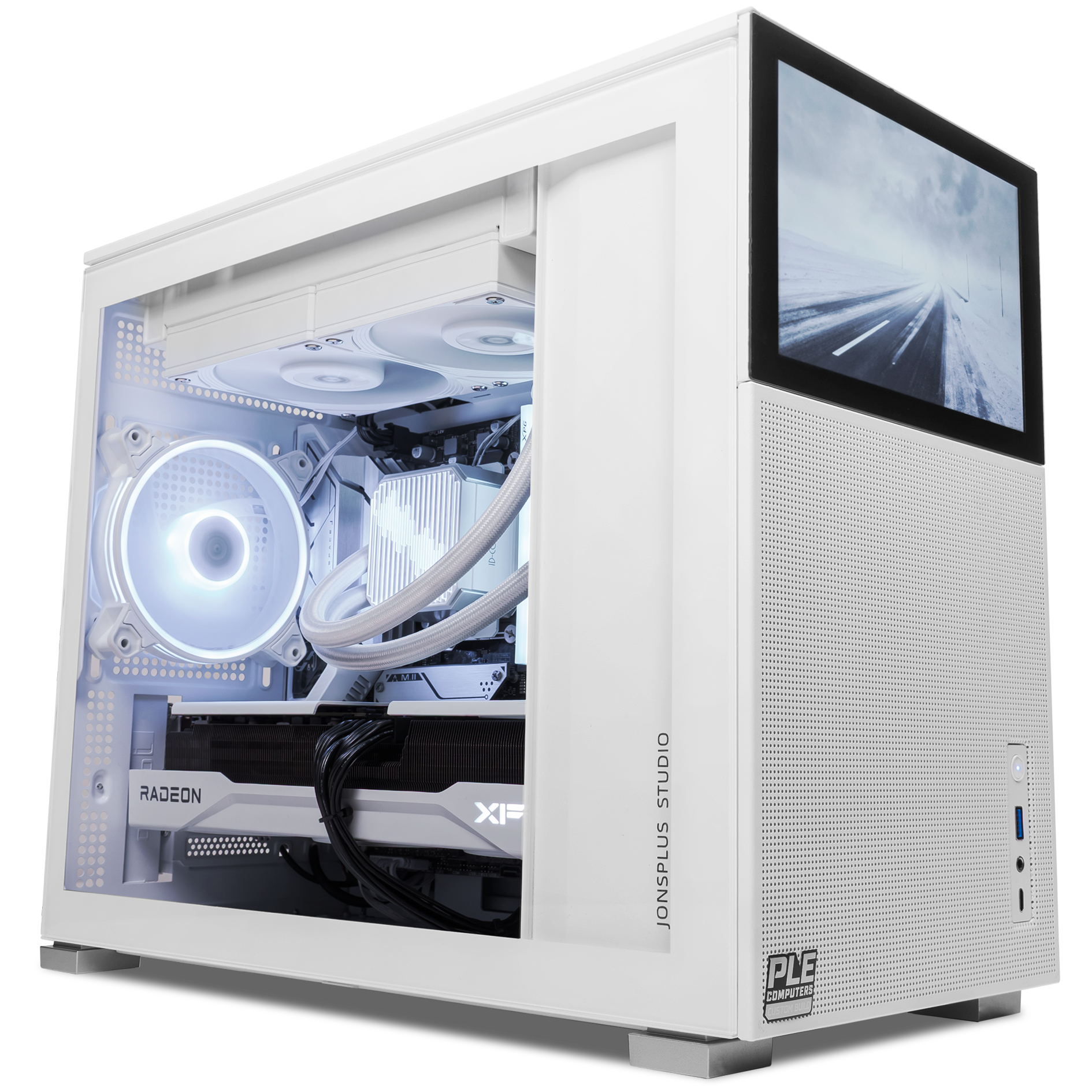 A large main feature product image of PLE Storm RX 9070 XT Prebuilt Ready To Go Gaming PC