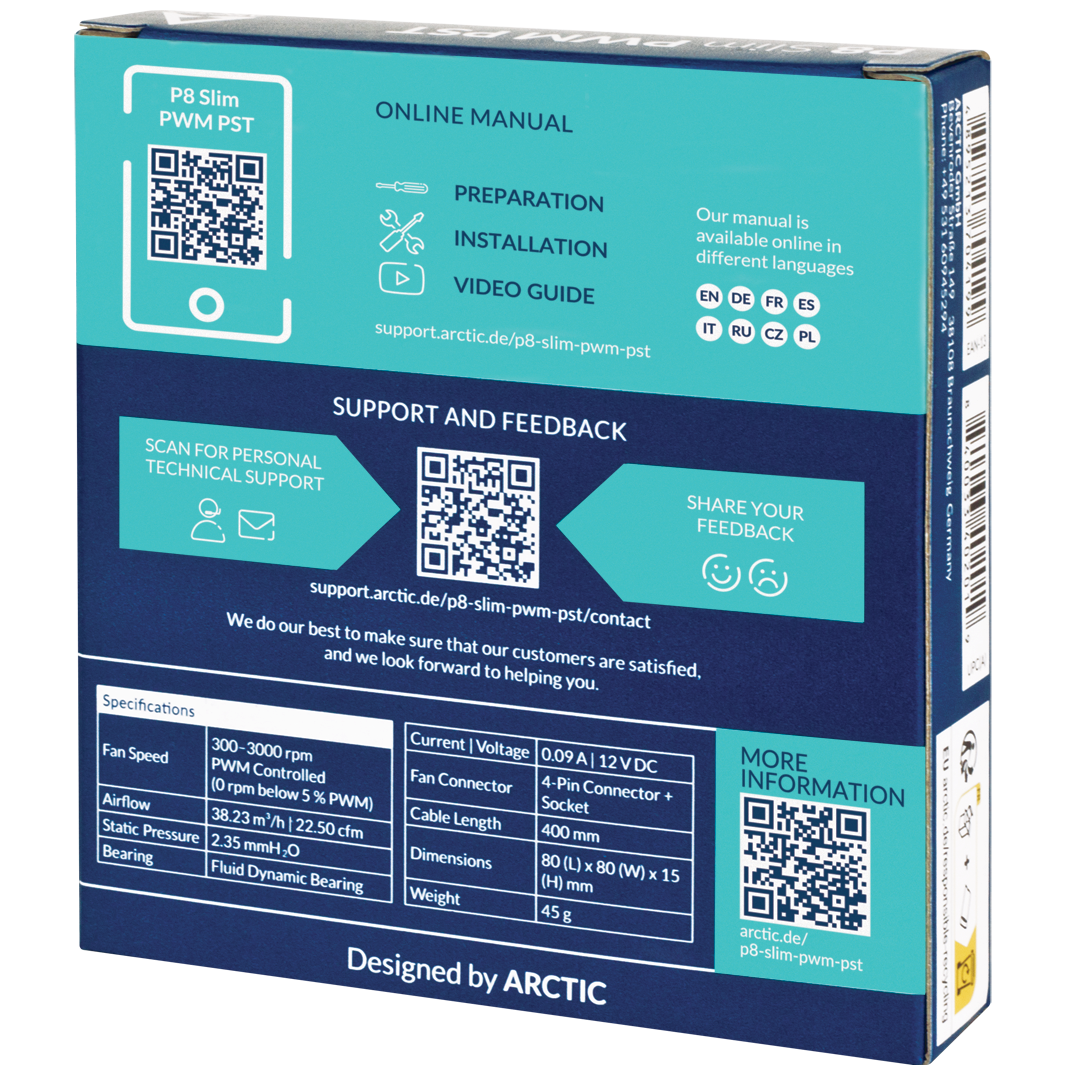 A large main feature product image of ARCTIC P8 Slim PWM PST 80mm Fan (Black)