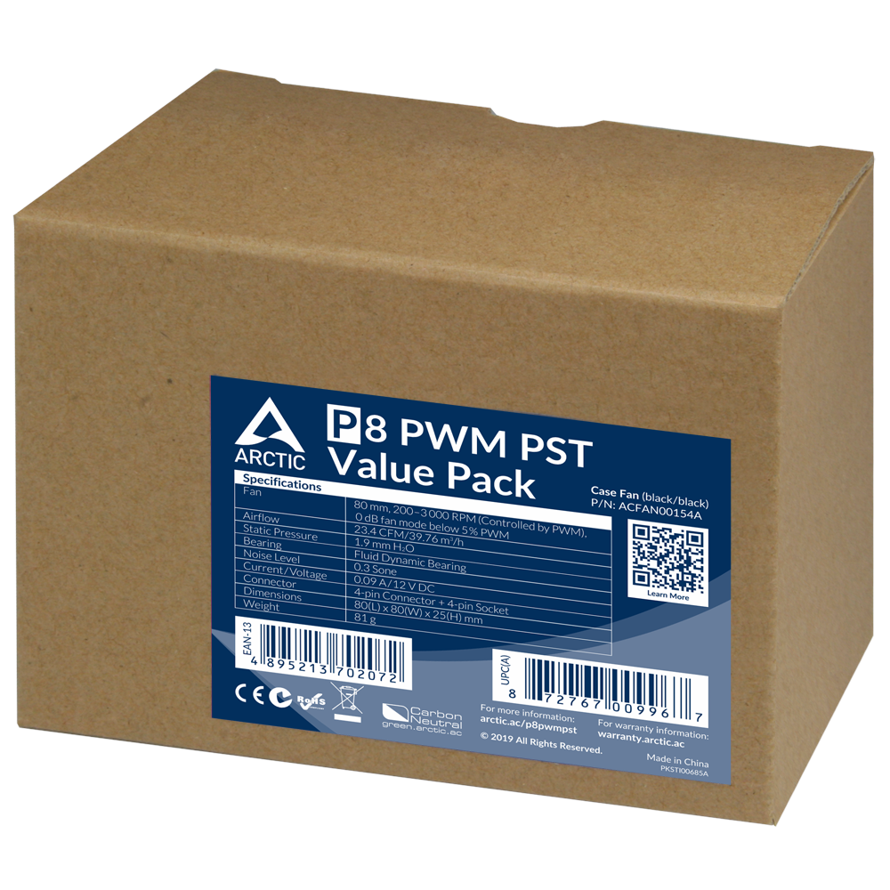 A large main feature product image of ARCTIC P8 PWM PST 80mm Fan 5-Pack (Black)