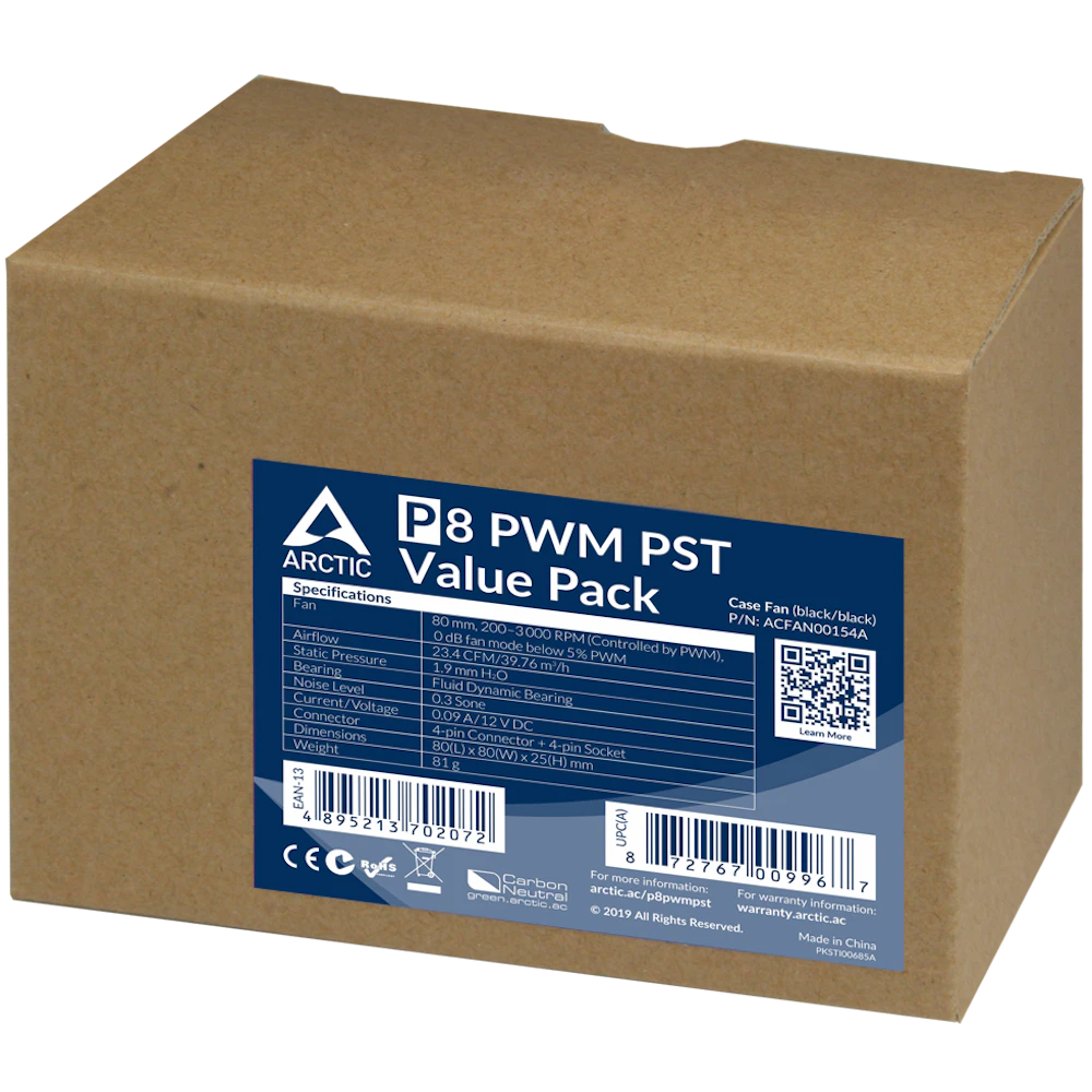A large main feature product image of ARCTIC P8 PWM PST 80mm Fan 5-Pack (Black)