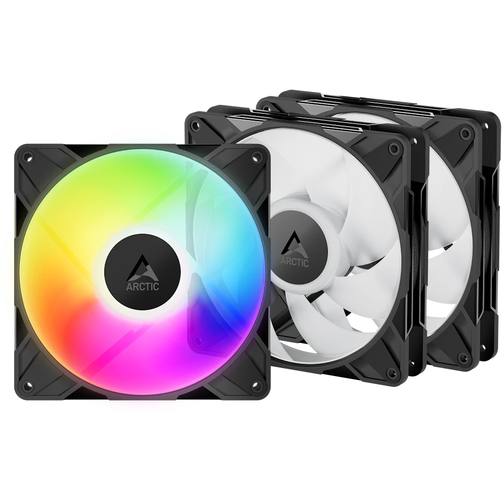 A large main feature product image of ARCTIC P14 Pro ARGB 140mm Performance PWM Fan 3-Pack (Black)