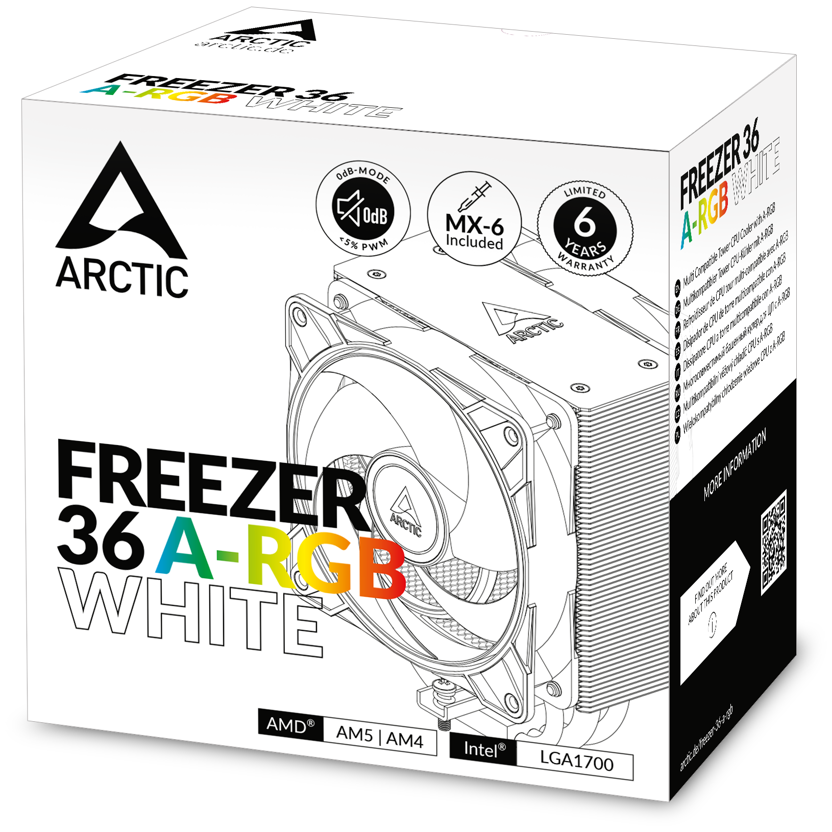 A large main feature product image of ARCTIC Freezer 36 ARGB Dual-Tower CPU Cooler (White)