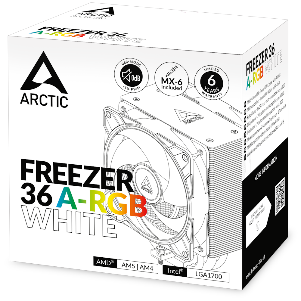 A large main feature product image of ARCTIC Freezer 36 ARGB Dual-Tower CPU Cooler (White)