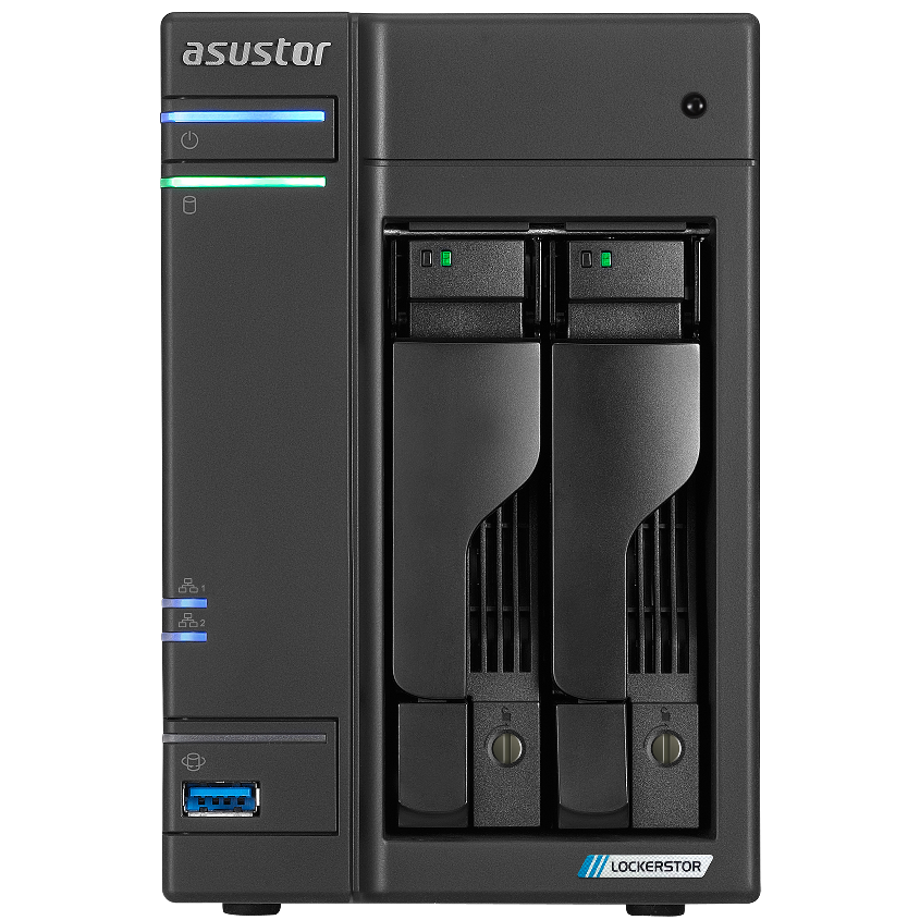 A large main feature product image of Asustor Lockerstor Gen2 Tower 2-Bay NAS - 2.0GHz Quad-Core, 4GB RAM, Dual 2.5GbE