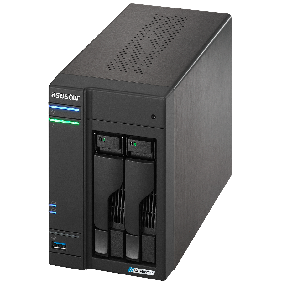 A large main feature product image of Asustor Lockerstor Gen2 Tower 2-Bay NAS - 2.0GHz Quad-Core, 4GB RAM, Dual 2.5GbE