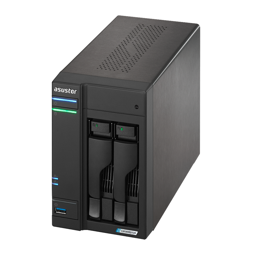 A large main feature product image of Asustor Lockerstor Gen2 Tower 2-Bay NAS - 2.0GHz Quad-Core, 4GB RAM, Dual 2.5GbE
