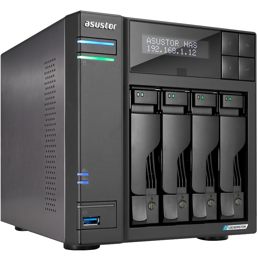 A large main feature product image of Asustor Lockerstor 4 Gen2 Tower 4-Bay NAS - 2.0GHz Quad-Core, 4GB RAM, Dual 2.5GbE