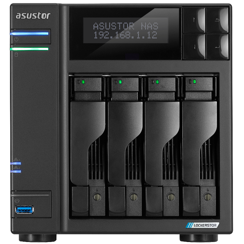 A large main feature product image of Asustor Lockerstor 4 Gen2 Tower 4-Bay NAS - 2.0GHz Quad-Core, 4GB RAM, Dual 2.5GbE
