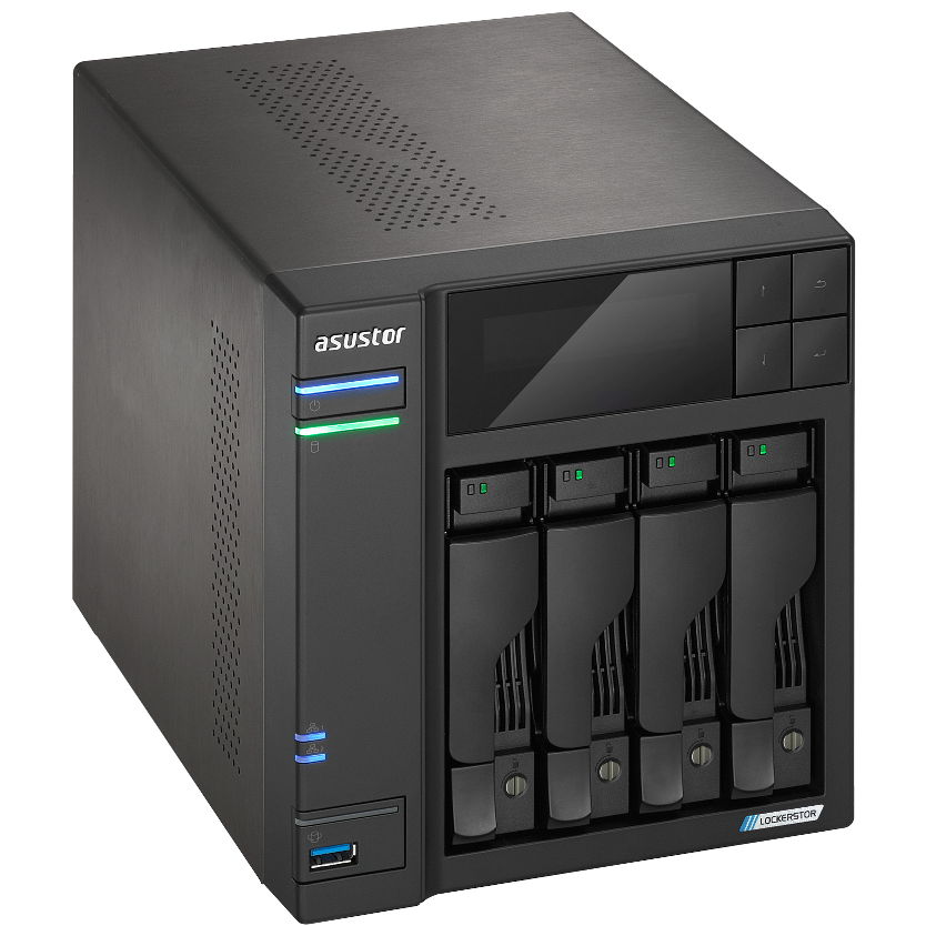 A large main feature product image of Asustor Lockerstor 4 Gen2 Tower 4-Bay NAS - 2.0GHz Quad-Core, 4GB RAM, Dual 2.5GbE