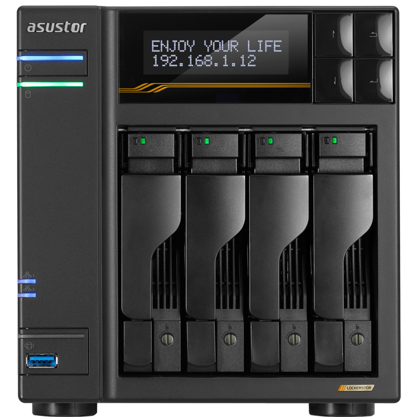 A large main feature product image of Asustor Lockerstor 4 Gen3 4-Bay NAS - 2.3GHz Quad-Core, 16GB RAM, Dual 5GbE