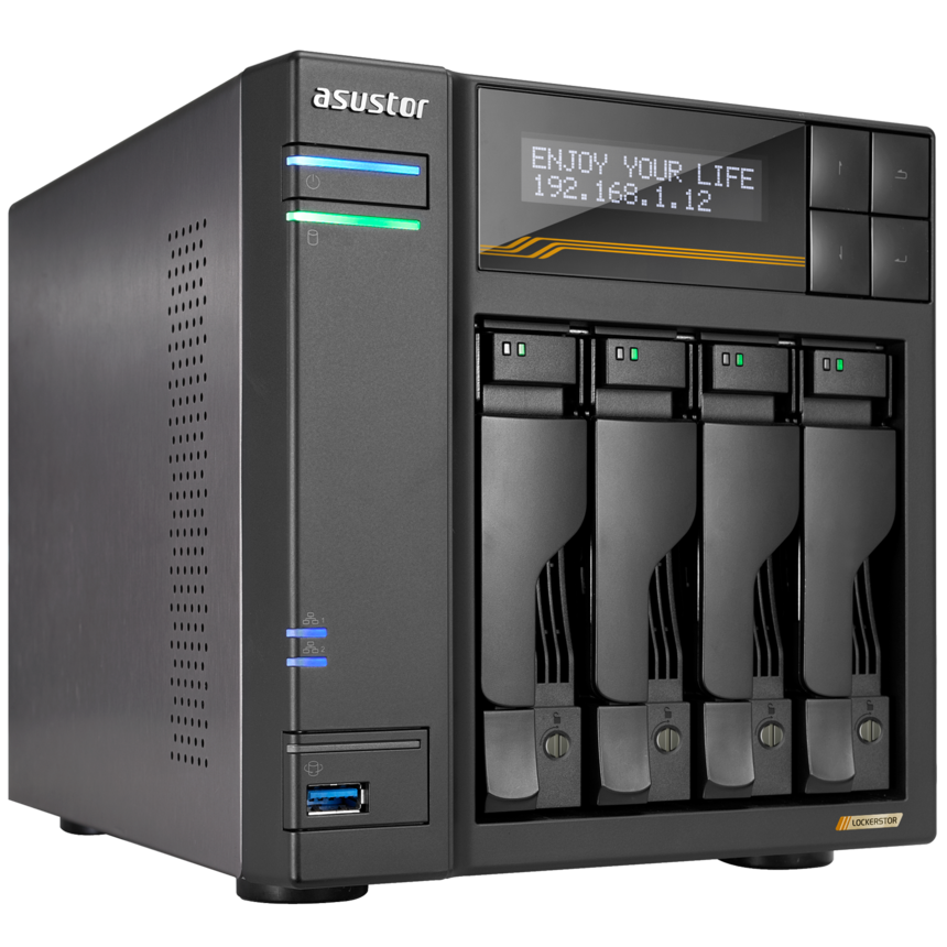 A large main feature product image of Asustor Lockerstor 4 Gen3 4-Bay NAS - 2.3GHz Quad-Core, 16GB RAM, Dual 5GbE