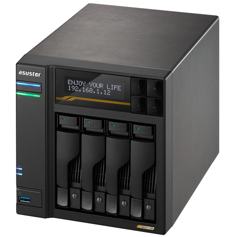 A large main feature product image of Asustor Lockerstor 4 Gen3 4-Bay NAS - 2.3GHz Quad-Core, 16GB RAM, Dual 5GbE