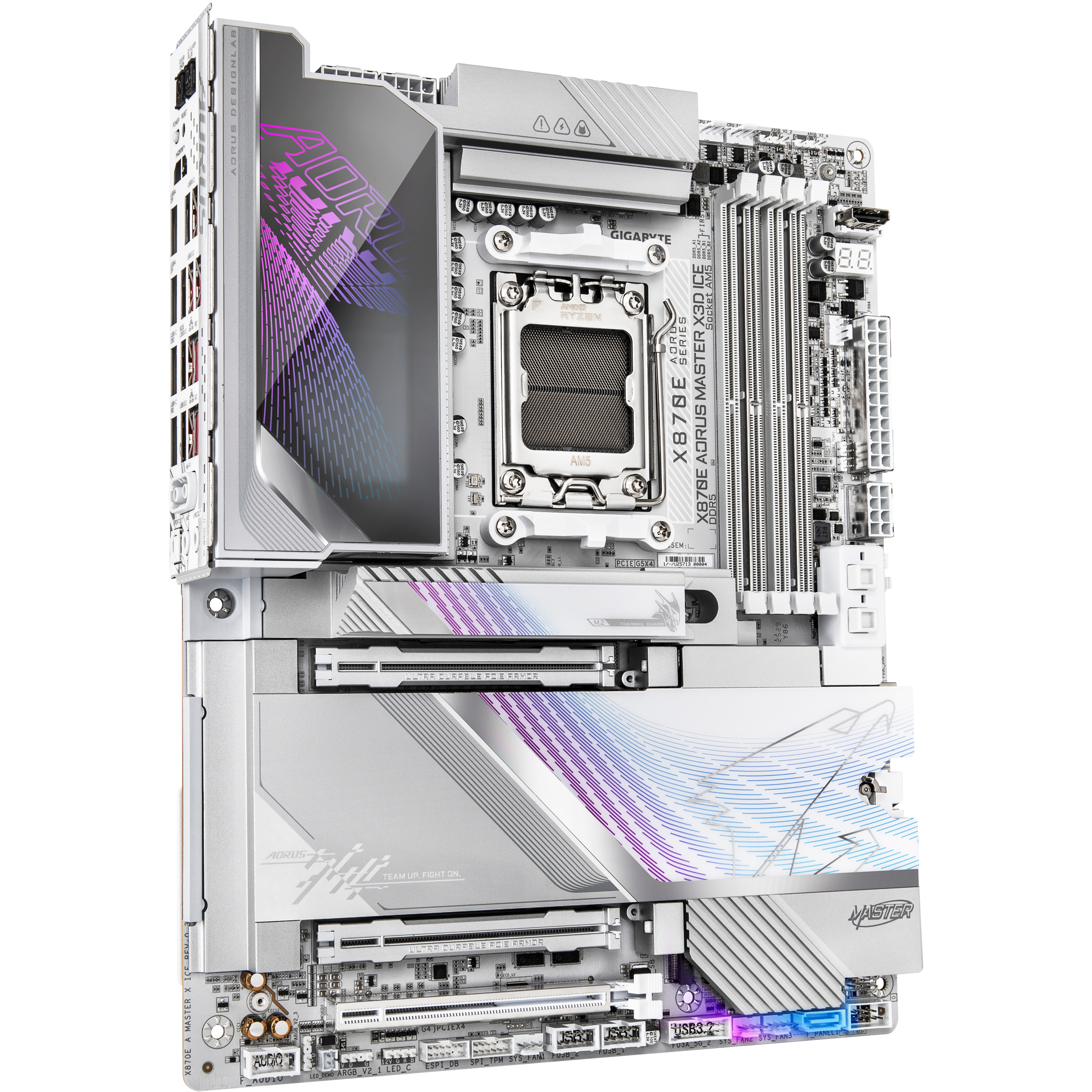 A large main feature product image of Gigabyte X870E AORUS Master X3D ICE AM5 ATX Desktop Motherboard