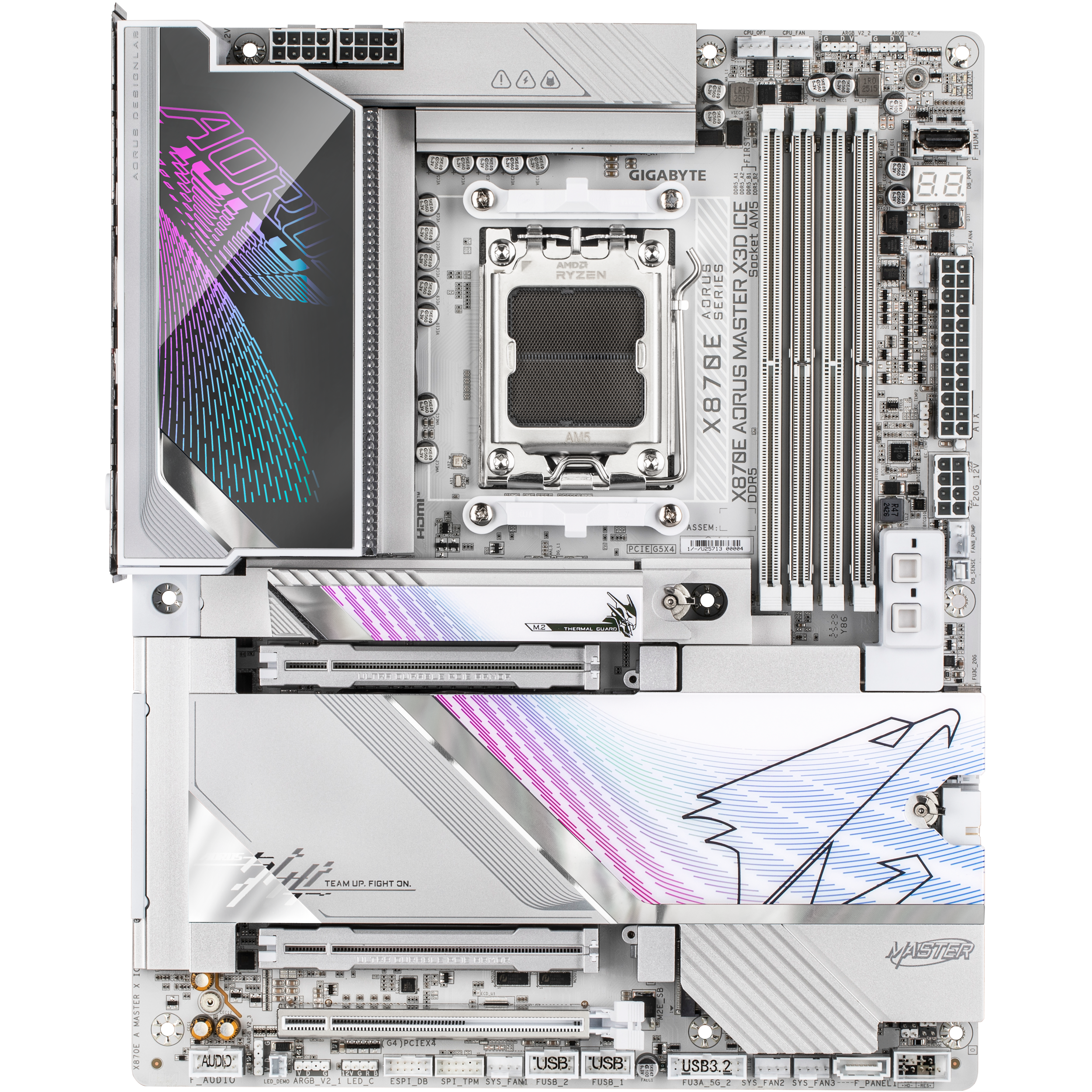 A large main feature product image of Gigabyte X870E AORUS Master X3D ICE AM5 ATX Desktop Motherboard