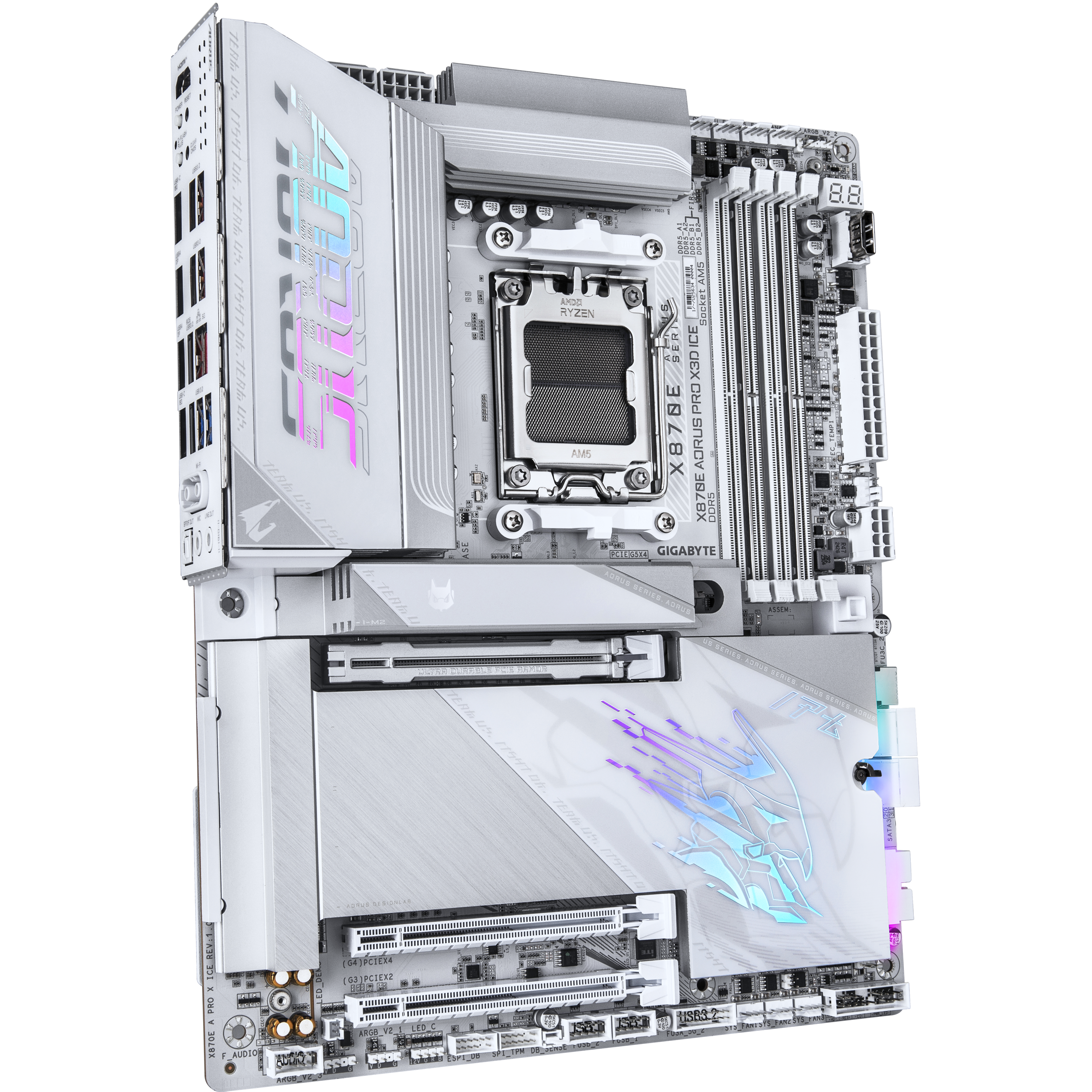 A large main feature product image of Gigabyte X870E AORUS Pro X3D ICE AM5 ATX Desktop Motherboard