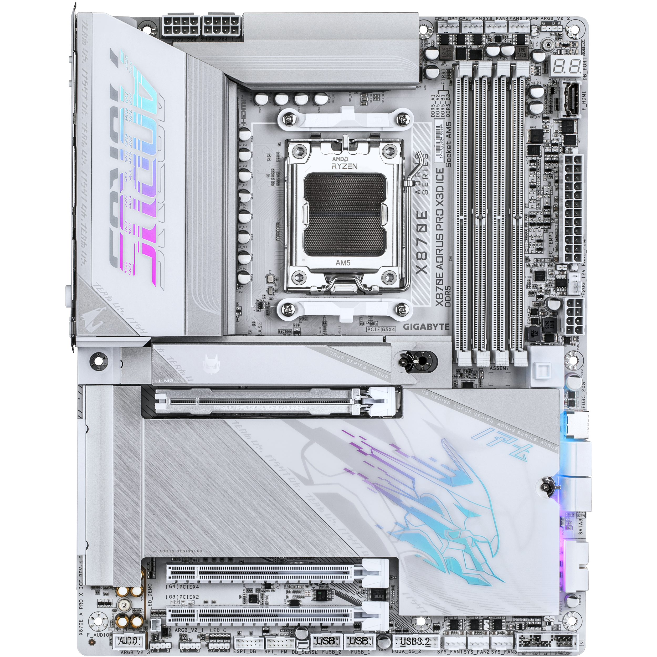A large main feature product image of Gigabyte X870E AORUS Pro X3D ICE AM5 ATX Desktop Motherboard