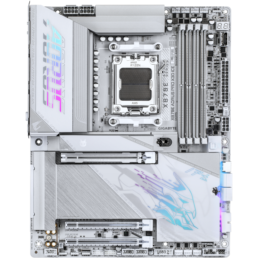 A large main feature product image of Gigabyte X870E AORUS Pro X3D ICE AM5 ATX Desktop Motherboard
