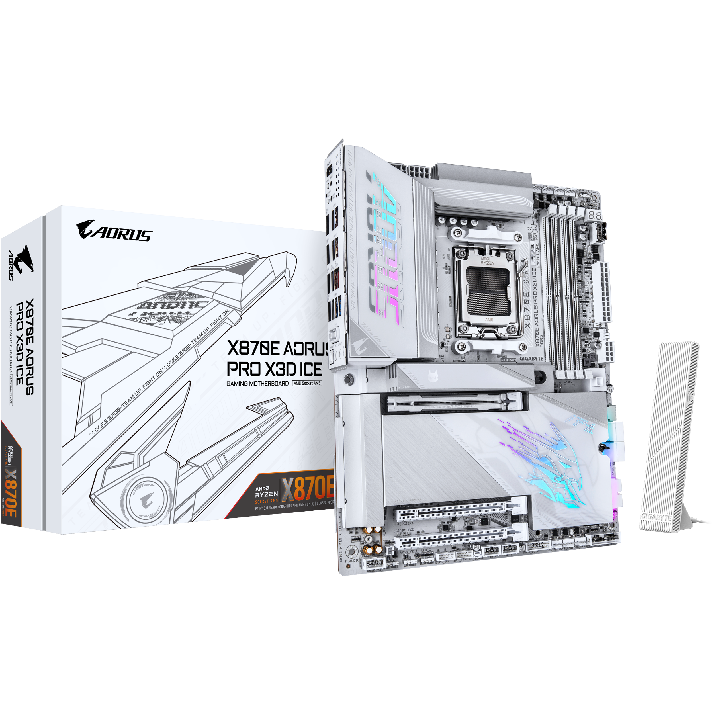 A large main feature product image of Gigabyte X870E AORUS Pro X3D ICE AM5 ATX Desktop Motherboard
