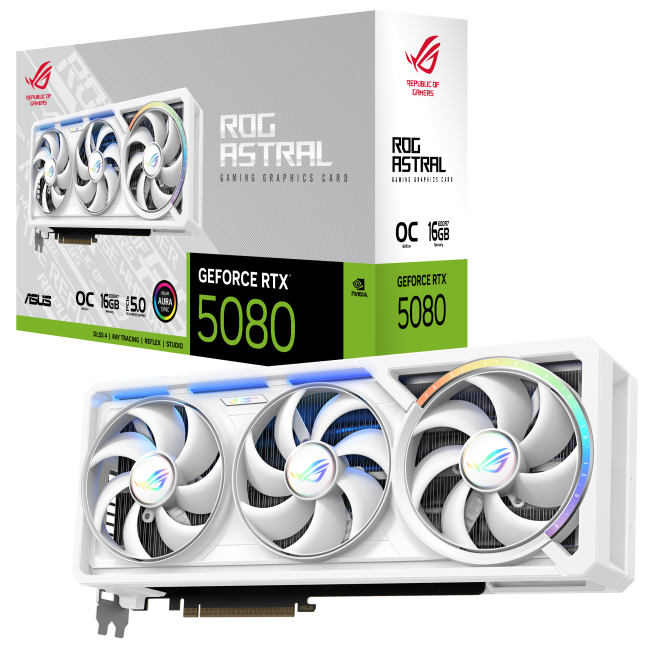 A large main feature product image of ASUS GeForce RTX 5080 ROG Astral Gaming OC 16GB GDDR7 - White