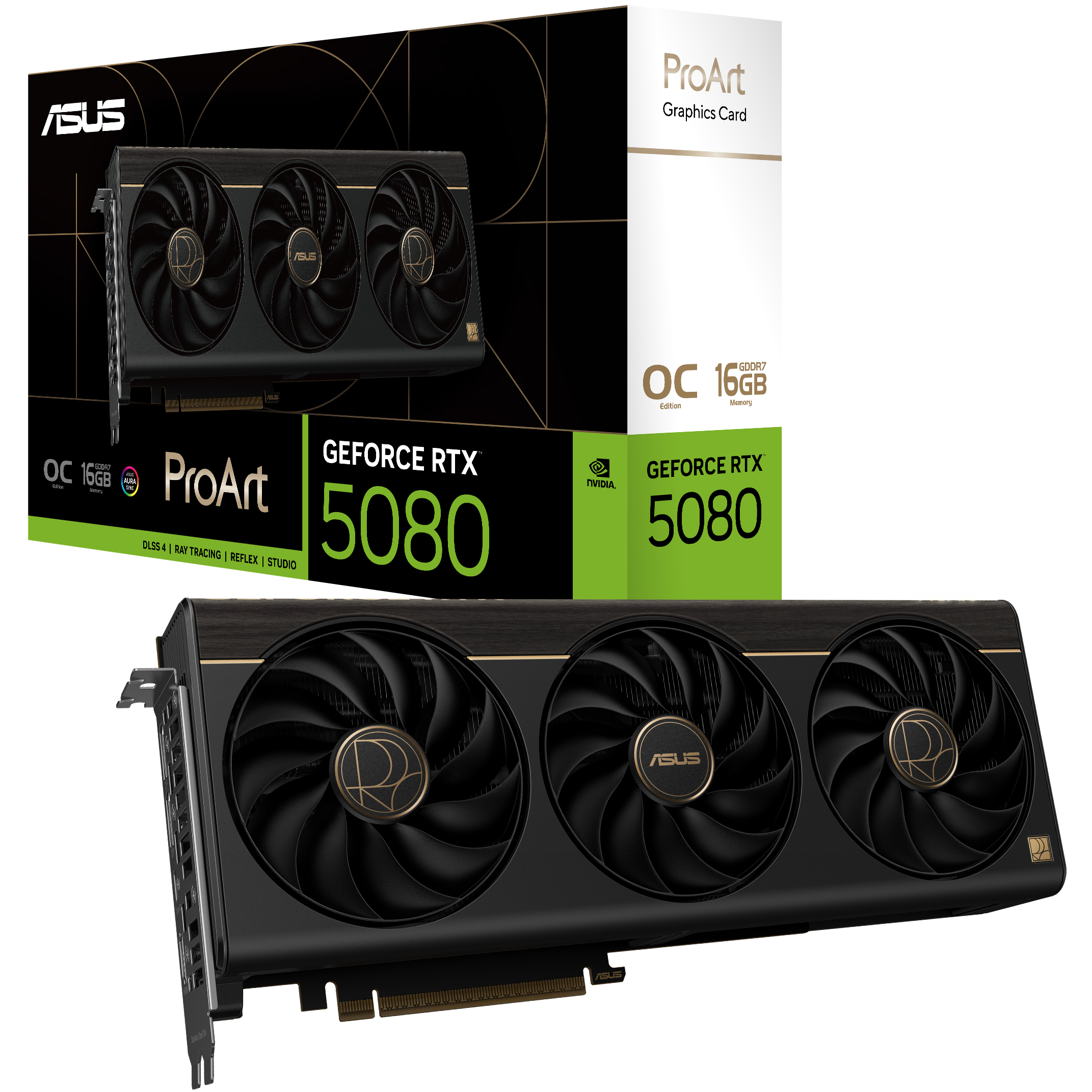 A large main feature product image of ASUS GeForce RTX 5080 ProArt OC 16GB GDDR7