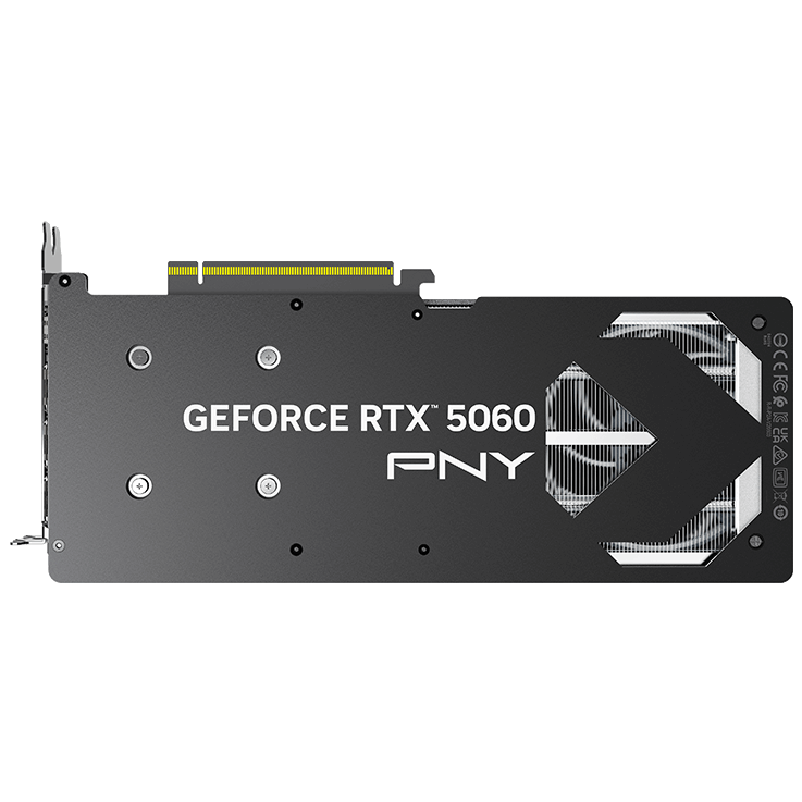 A large main feature product image of PNY GeForce RTX 5060 ARGB OC Triple Fan 8GB GDDR7