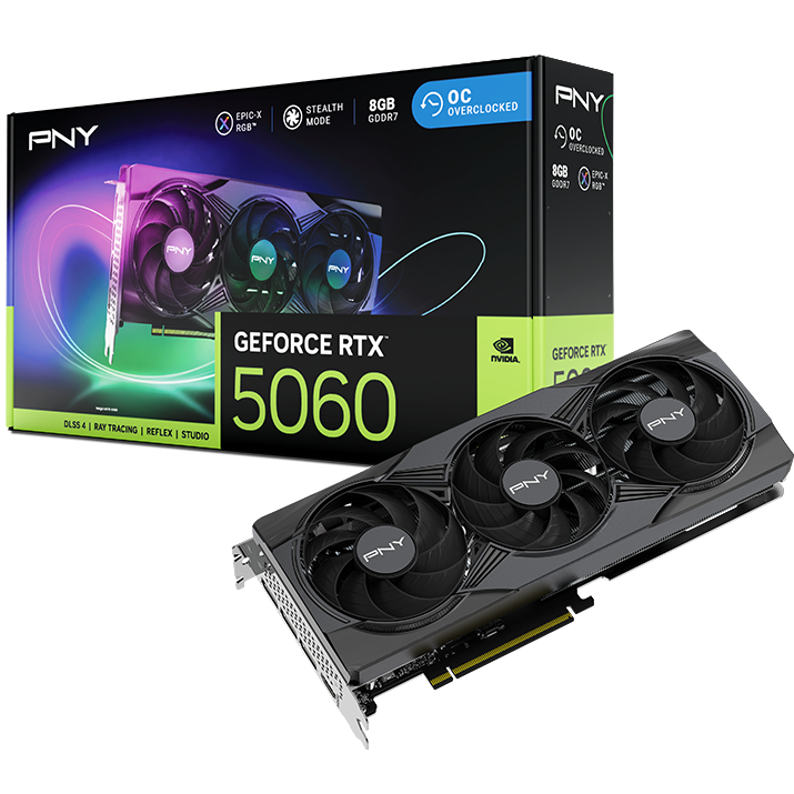 A large main feature product image of PNY GeForce RTX 5060 ARGB OC Triple Fan 8GB GDDR7