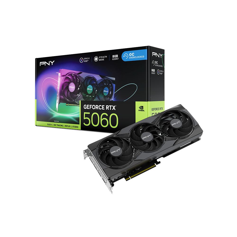A large main feature product image of PNY GeForce RTX 5060 ARGB OC Triple Fan 8GB GDDR7