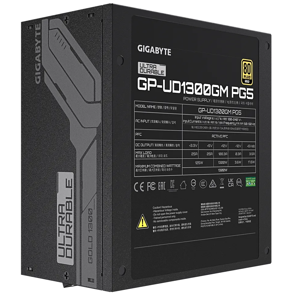 A large main feature product image of Gigabyte UD UD1300GM PG5 1300W Gold PCIe 5.0 Modular PSU