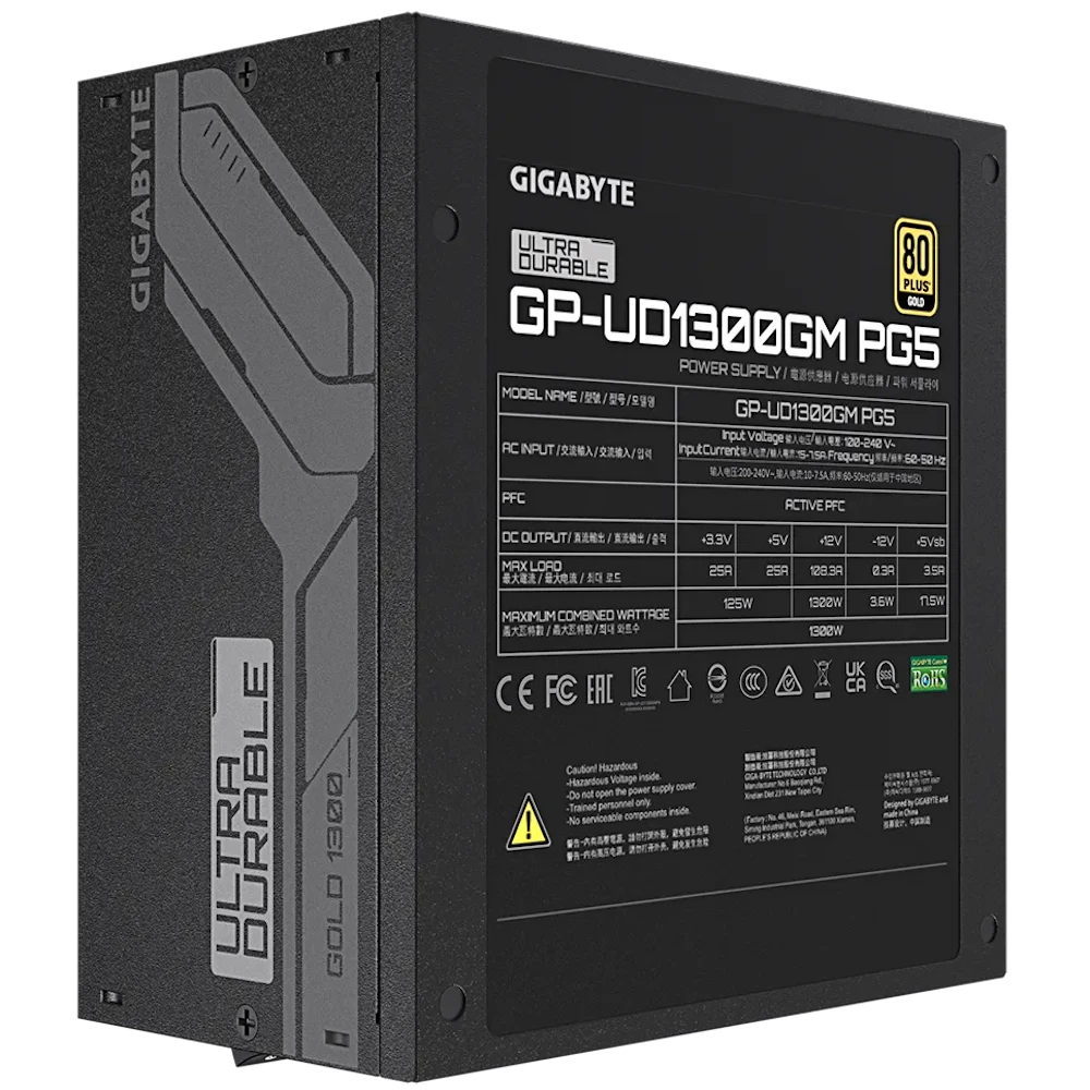 A large main feature product image of Gigabyte UD1300GM PG5 1300W Gold PCIe 5.0 ATX 3.0 Modular 15A PSU