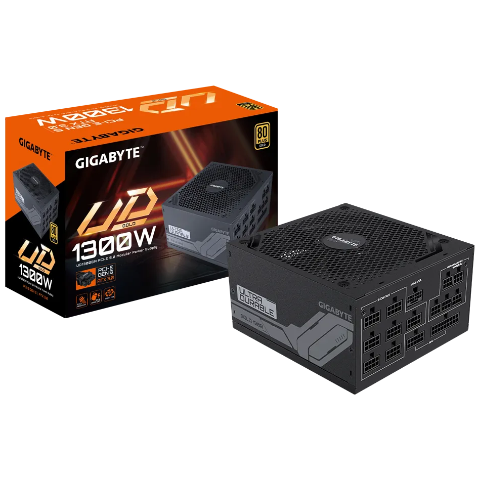 A large main feature product image of Gigabyte UD UD1300GM PG5 1300W Gold PCIe 5.0 Modular PSU