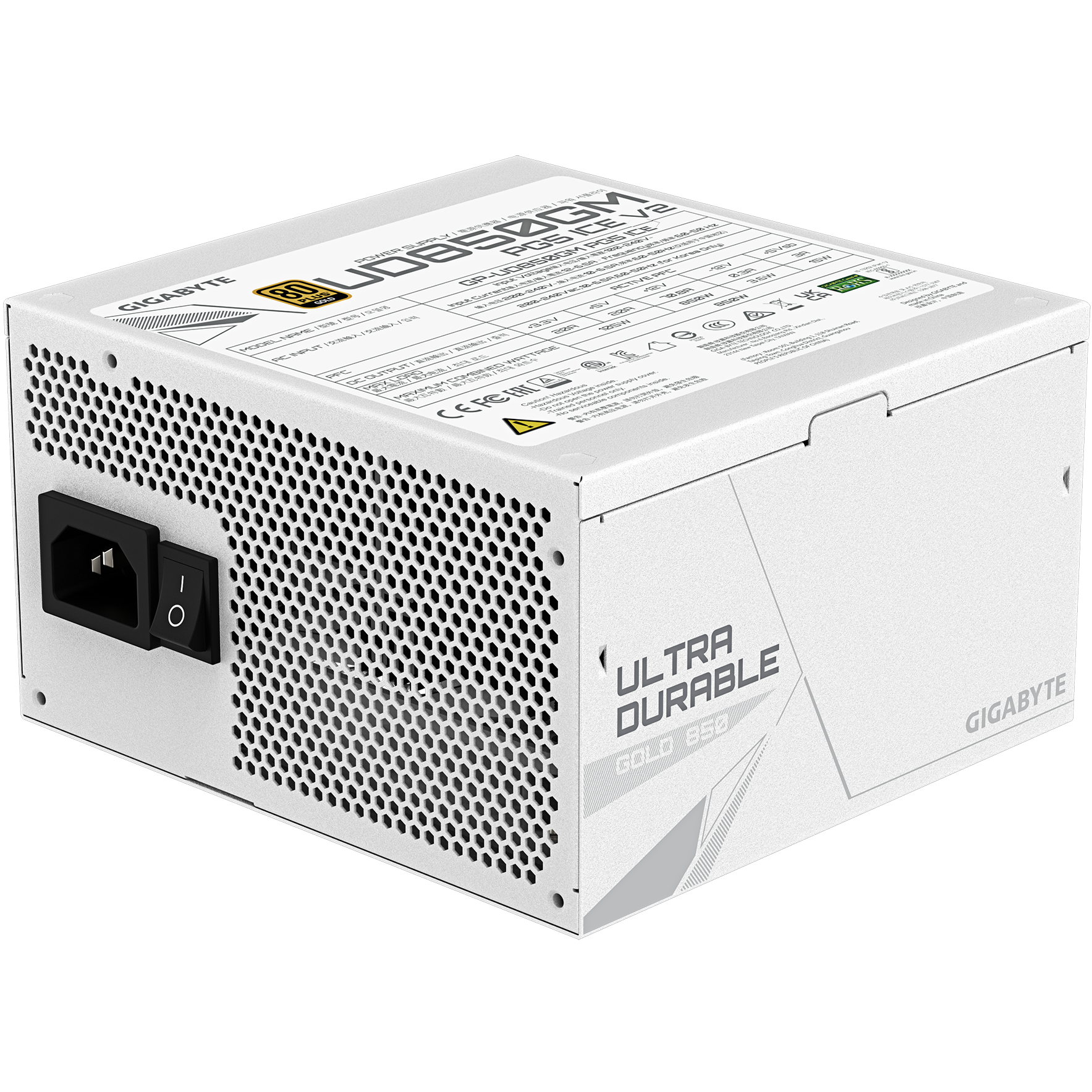A large main feature product image of Gigabyte UD GP-UD850GM PG5 V2 850W Gold PCIe 5.1 ATX Modular PSU - White
