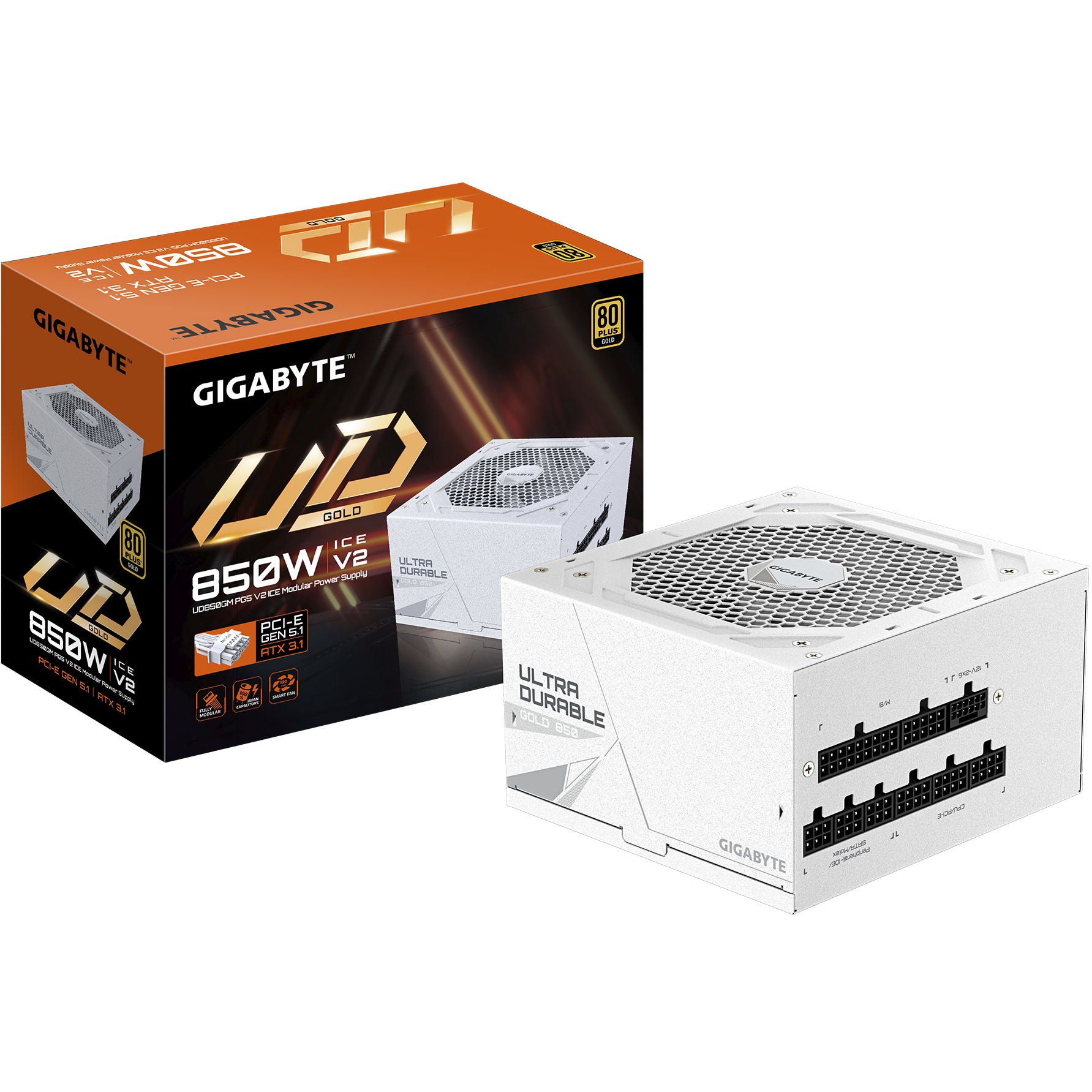 A large main feature product image of Gigabyte UD GP-UD850GM PG5 V2 850W Gold PCIe 5.1 ATX Modular PSU - White