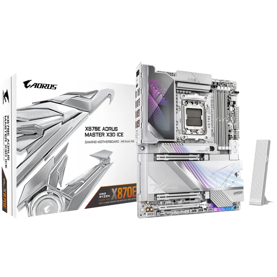 A large main feature product image of Gigabyte X870E AORUS Master X3D ICE AM5 ATX Desktop Motherboard