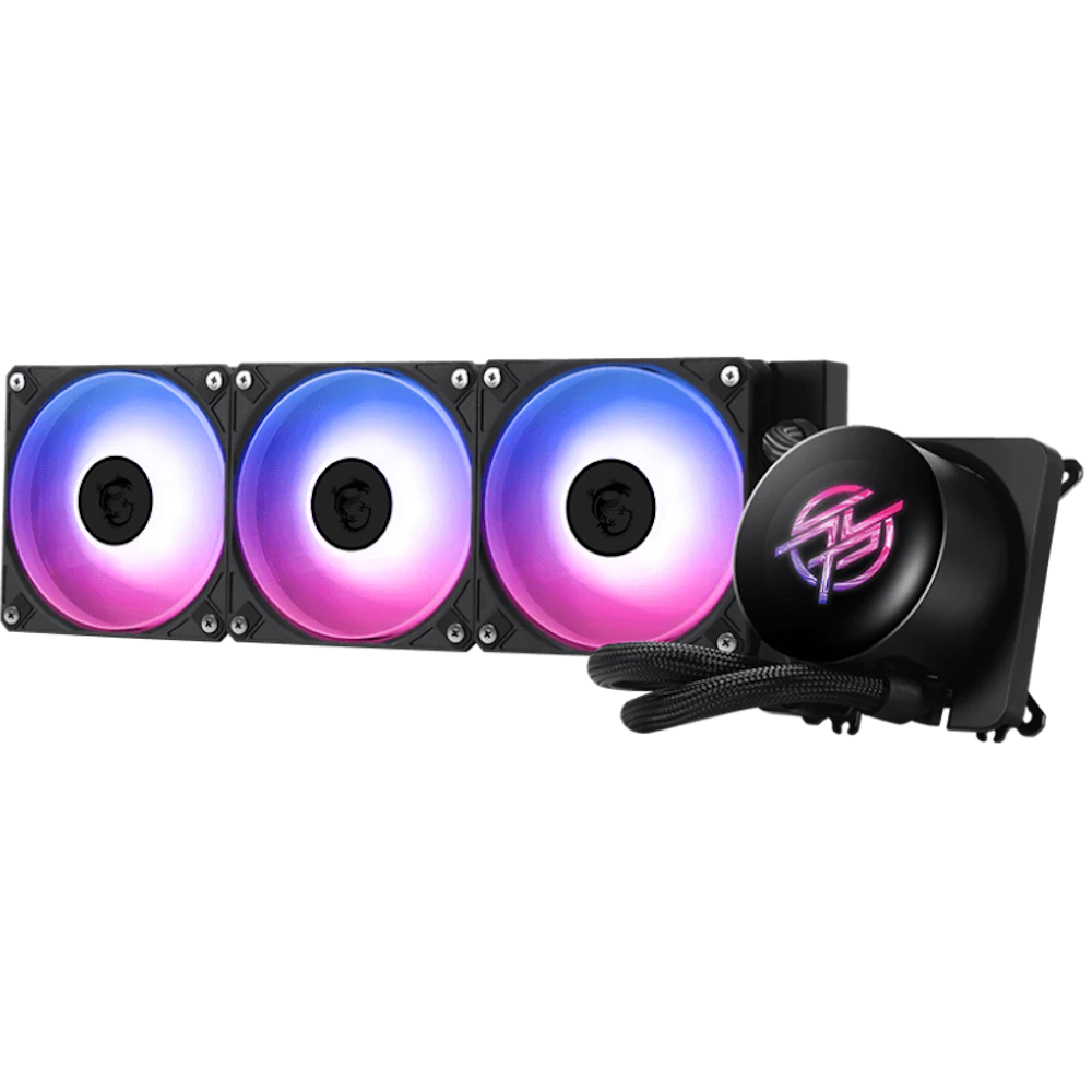 A large main feature product image of MSI MPG CoreLiquid P13 360mm AIO Liquid CPU Cooler (Black)