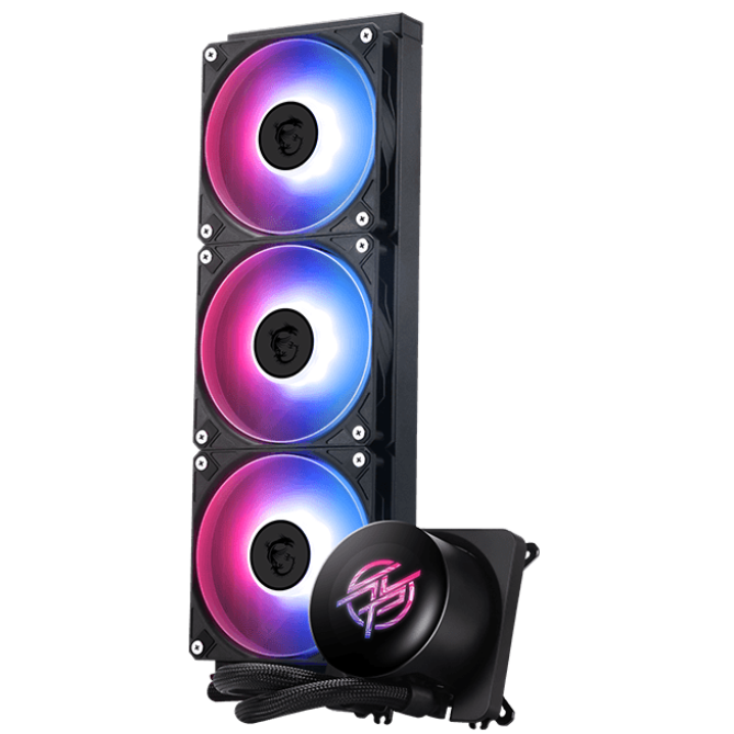 A large main feature product image of MSI MPG CoreLiquid P13 360mm AIO Liquid CPU Cooler - Black