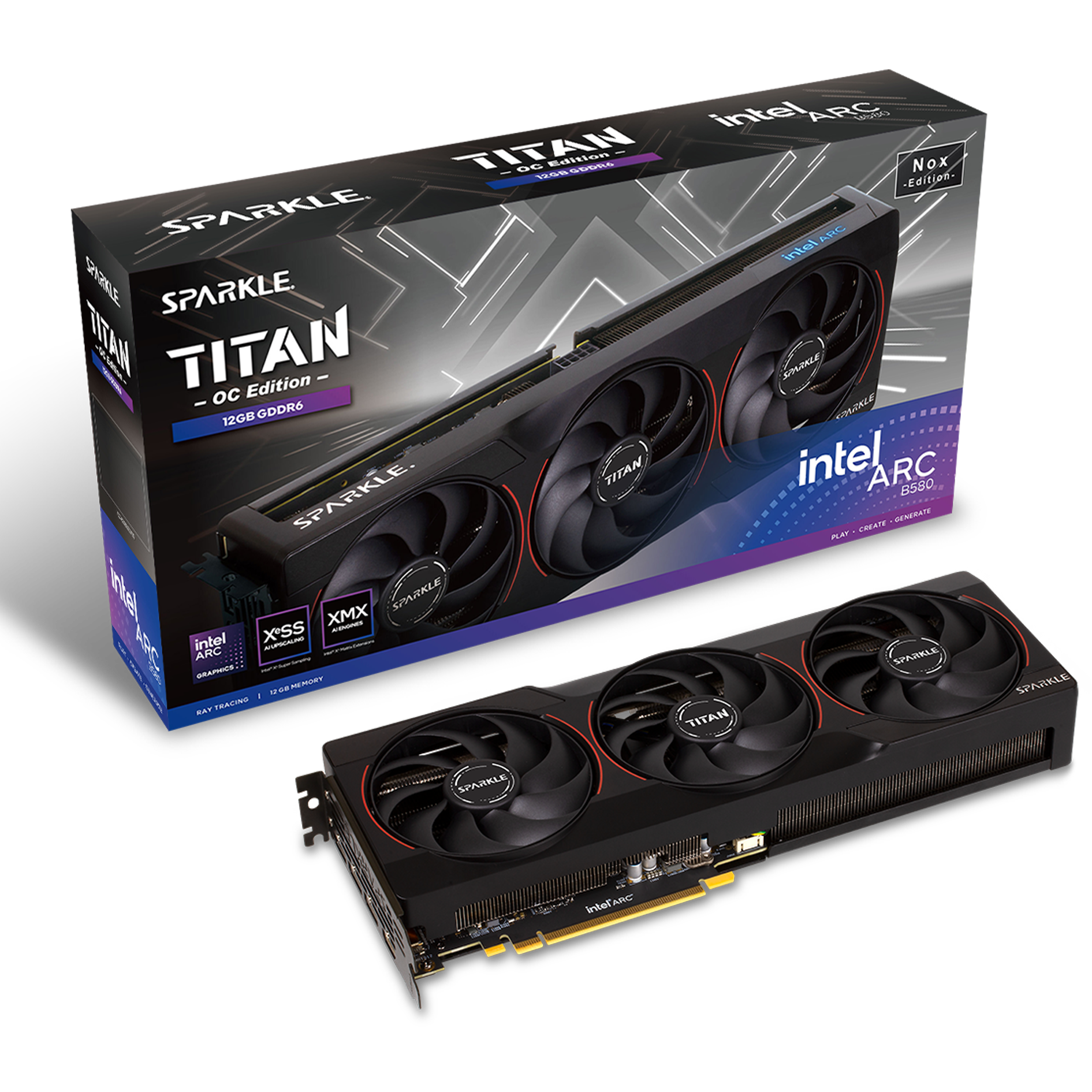 A large main feature product image of SPARKLE Intel Arc Battlemage B580 TITAN Nox OC 12GB GDDR6