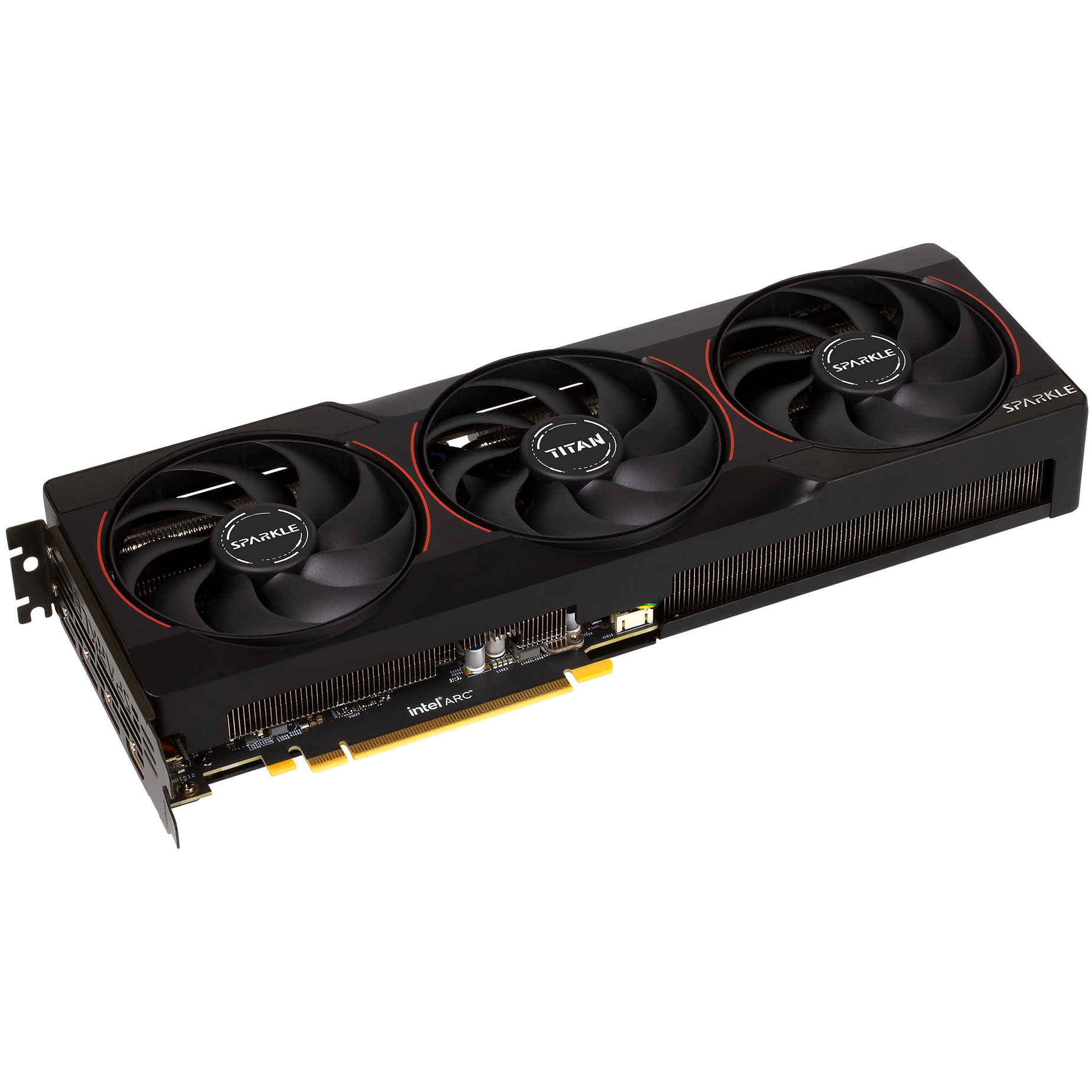 A large main feature product image of SPARKLE Intel Arc Battlemage B580 TITAN Nox OC 12GB GDDR6