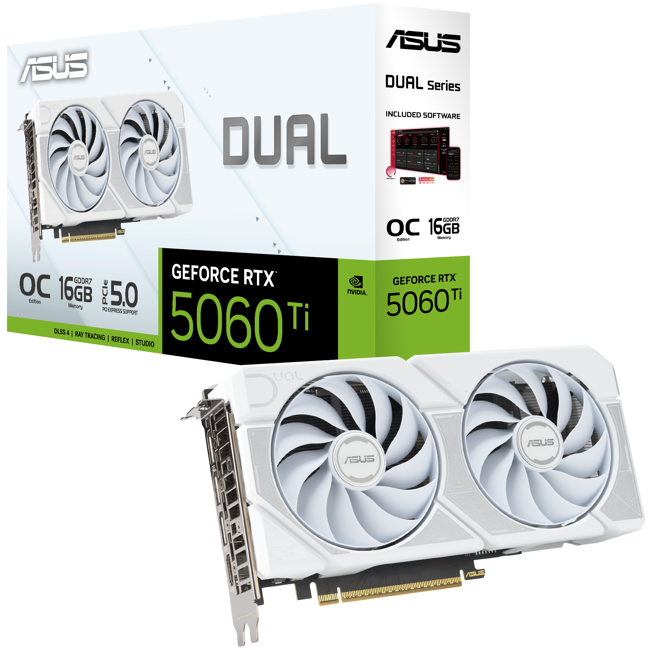 A large main feature product image of ASUS GeForce RTX 5060 Ti Dual OC 16GB GDDR7 - White