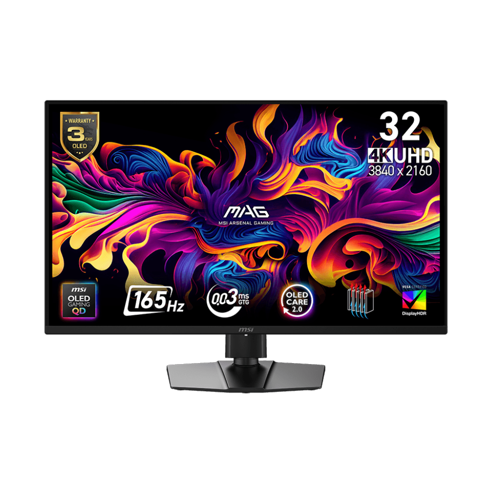A large main feature product image of MSI MAG 322UP QD-OLED E16 - 32" 4K 2160p 165Hz 0.03ms QD-OLED Gaming Monitor