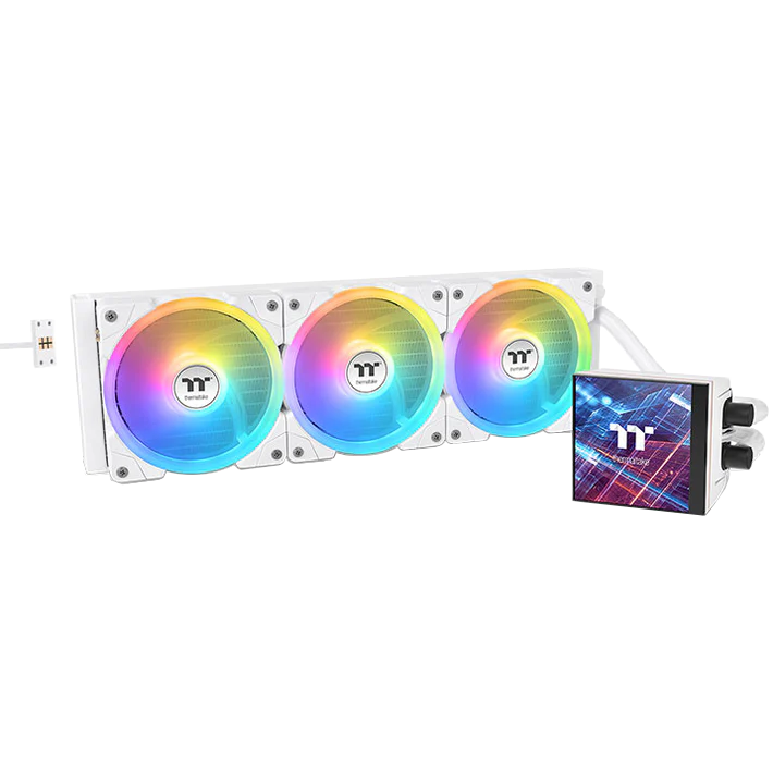 A large main feature product image of Thermaltake MAGFloe 420 Ultra ARGB AIO Liquid CPU Cooler - White