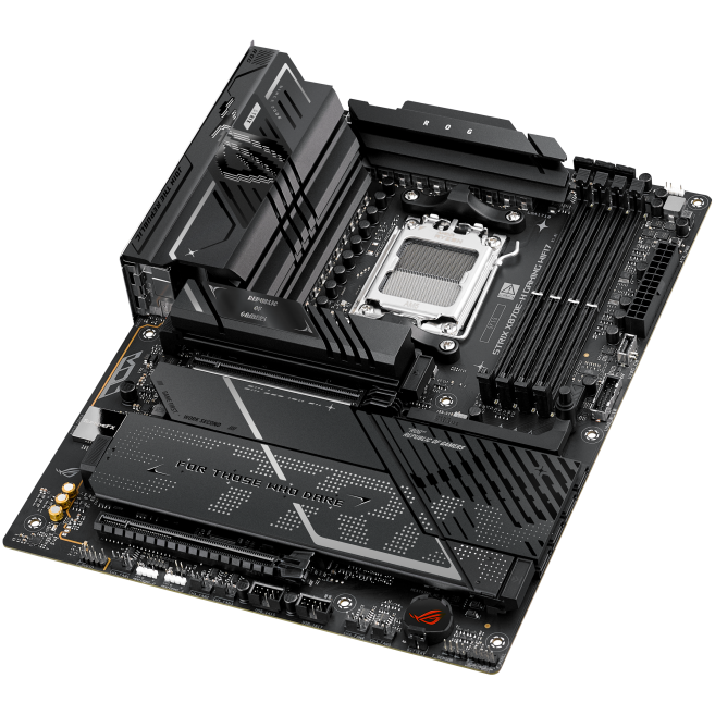 A large main feature product image of ASUS ROG Strix X870E-H Gaming WiFi7 AM5 ATX Desktop Motherboard
