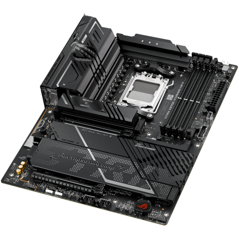 A large main feature product image of ASUS ROG Strix X870E-H Gaming WiFi7 AM5 ATX Desktop Motherboard