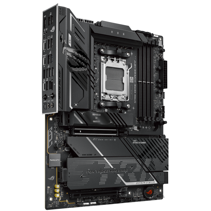 A large main feature product image of ASUS ROG Strix X870E-H Gaming WiFi7 AM5 ATX Desktop Motherboard